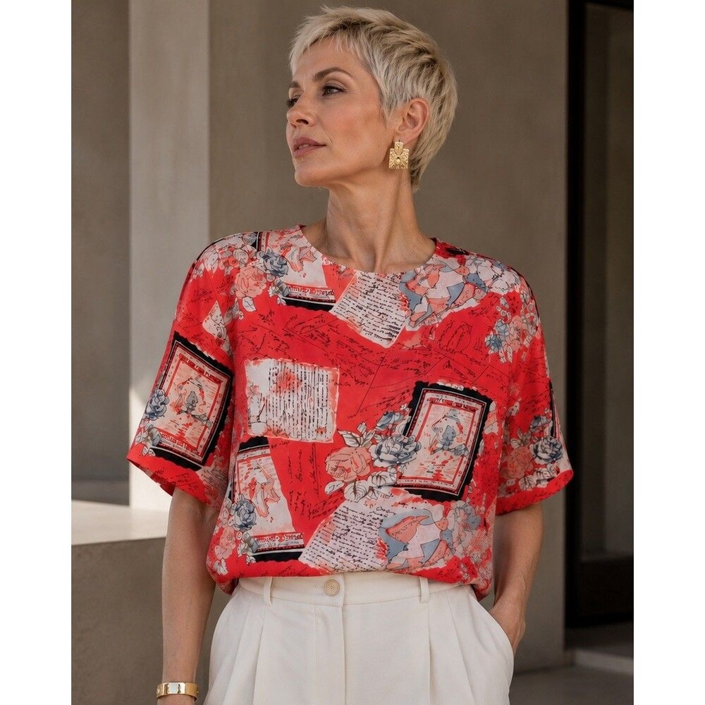 Vintage Anne Alexander 100% Silk Coral Abstract Floral Art Print Top S